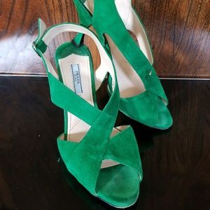 Prada emerald green suede peep toe stiletto 9